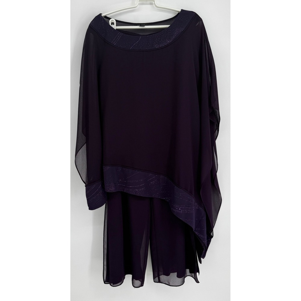 Le Bos Womens Sz 16 Purple 2 Piece Chiffon Poncho Top Wide Leg Pant Set